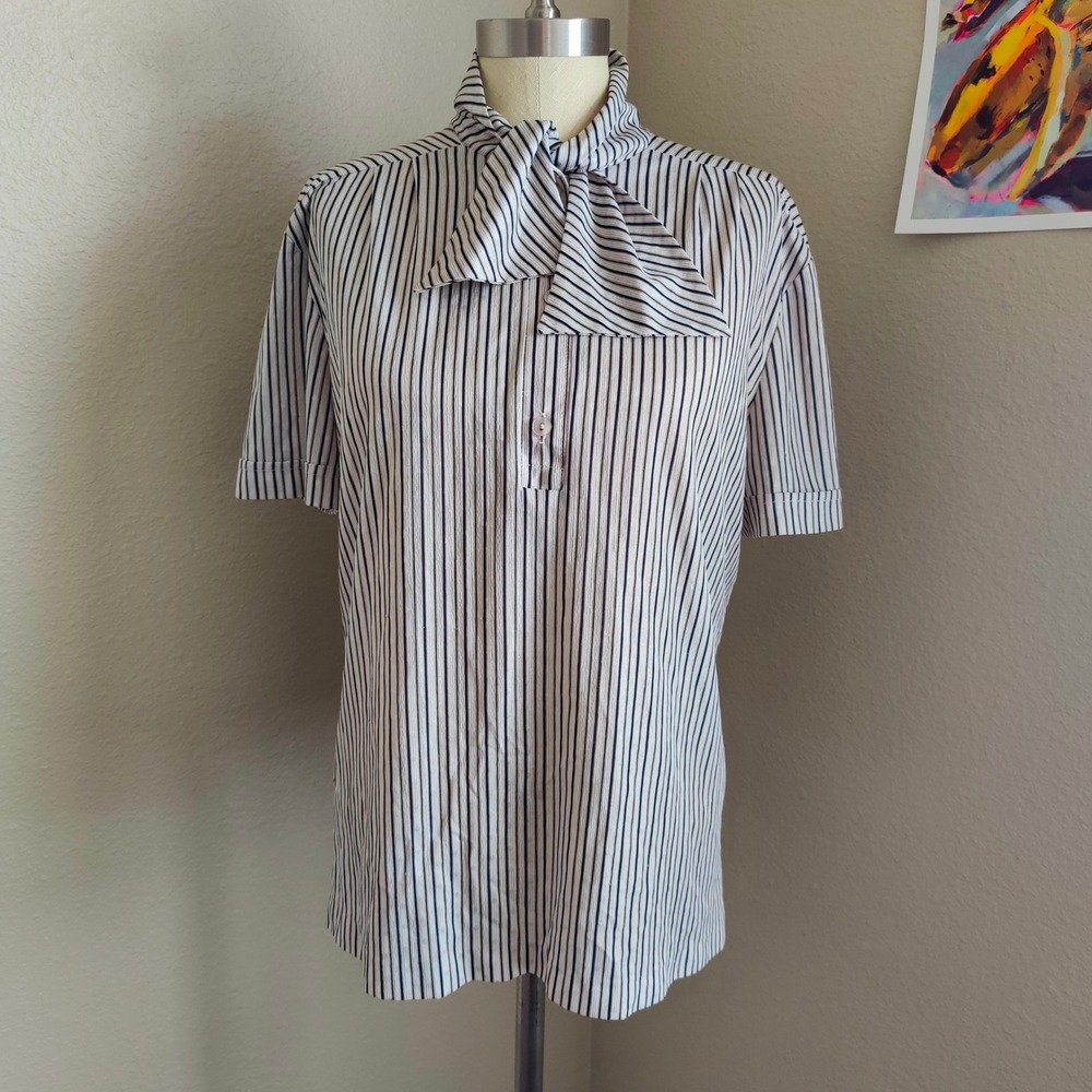 Vintage John Abbott Striped Pussybow Blouse 70s 80s Short Sleeve Secretary Retro